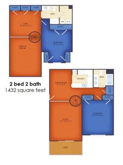 Floor plan for 2 beds, 2 baths, 1432 sqft